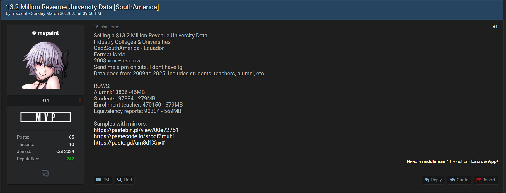 美国South一所身份不明的大学涉嫌数据销售-xLab 威胁情报