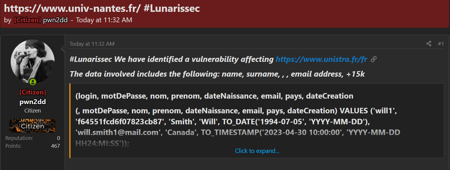 Alleged Data Breach of Nantes Université-xLab 威胁情报