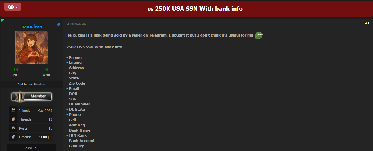 涉嫌出售25万名美国公民的SSN数据-xLab 威胁情报