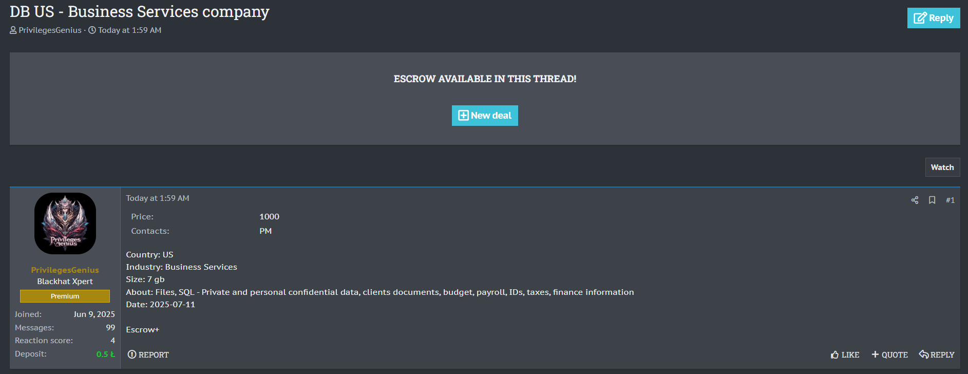 美国一家身份不明的商业服务公司涉嫌泄密-xLab 威胁情报