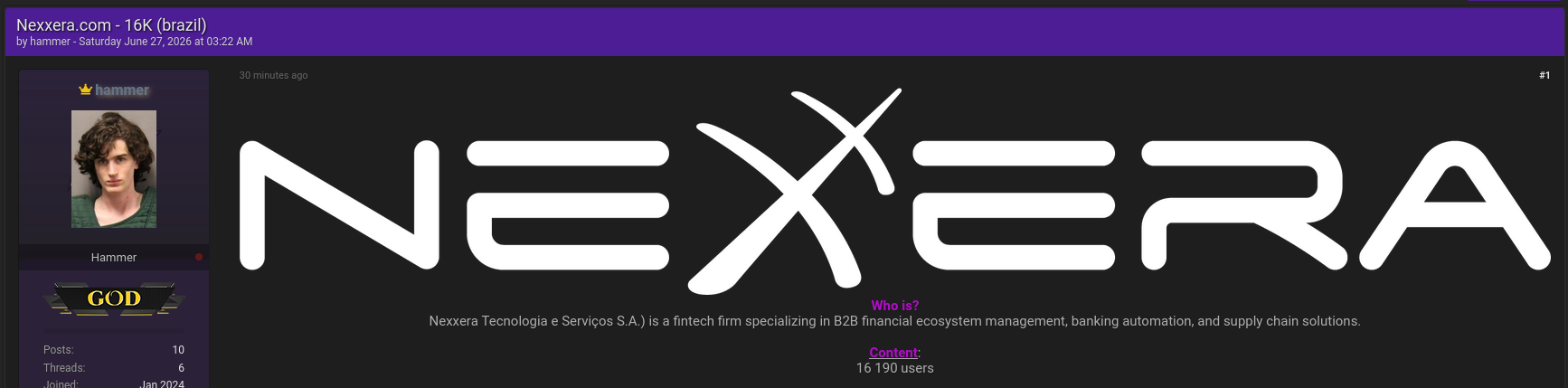 Alleged data breach of Nexxera-xLab 威胁情报