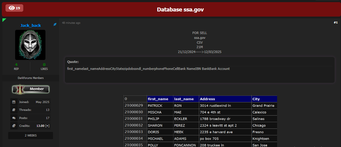 美国社会保障管理局涉嫌数据库泄露-xLab 威胁情报
