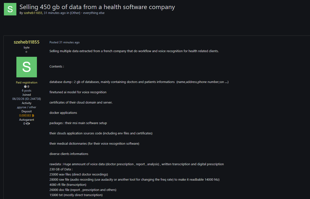 Alleged sale of data from an unidentified healthcare software company in France-xLab 威胁情报