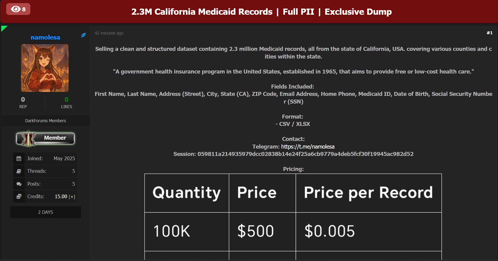 涉嫌出售230万份加州医疗记录的数据-xLab 威胁情报