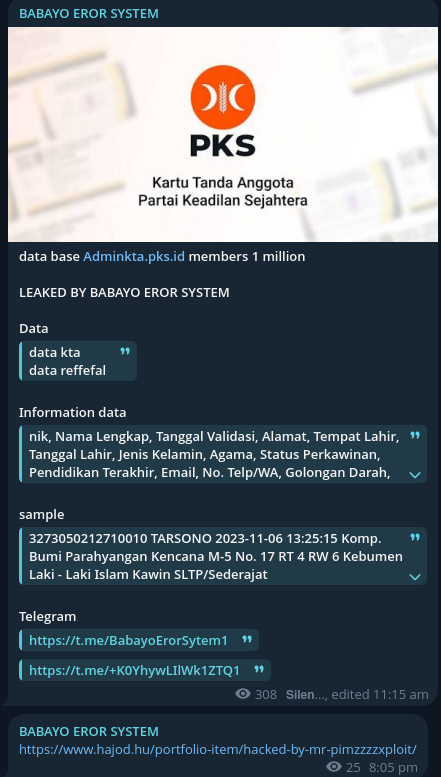 BABAYO EROR SYSTEM targets the website of Partai Keadilan Sejahtera-xLab 威胁情报
