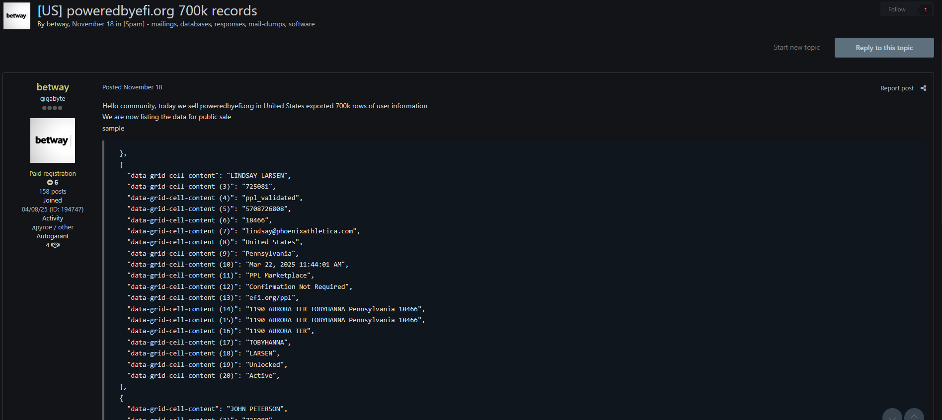 涉嫌出售AM conservation user数据库-xLab 威胁情报