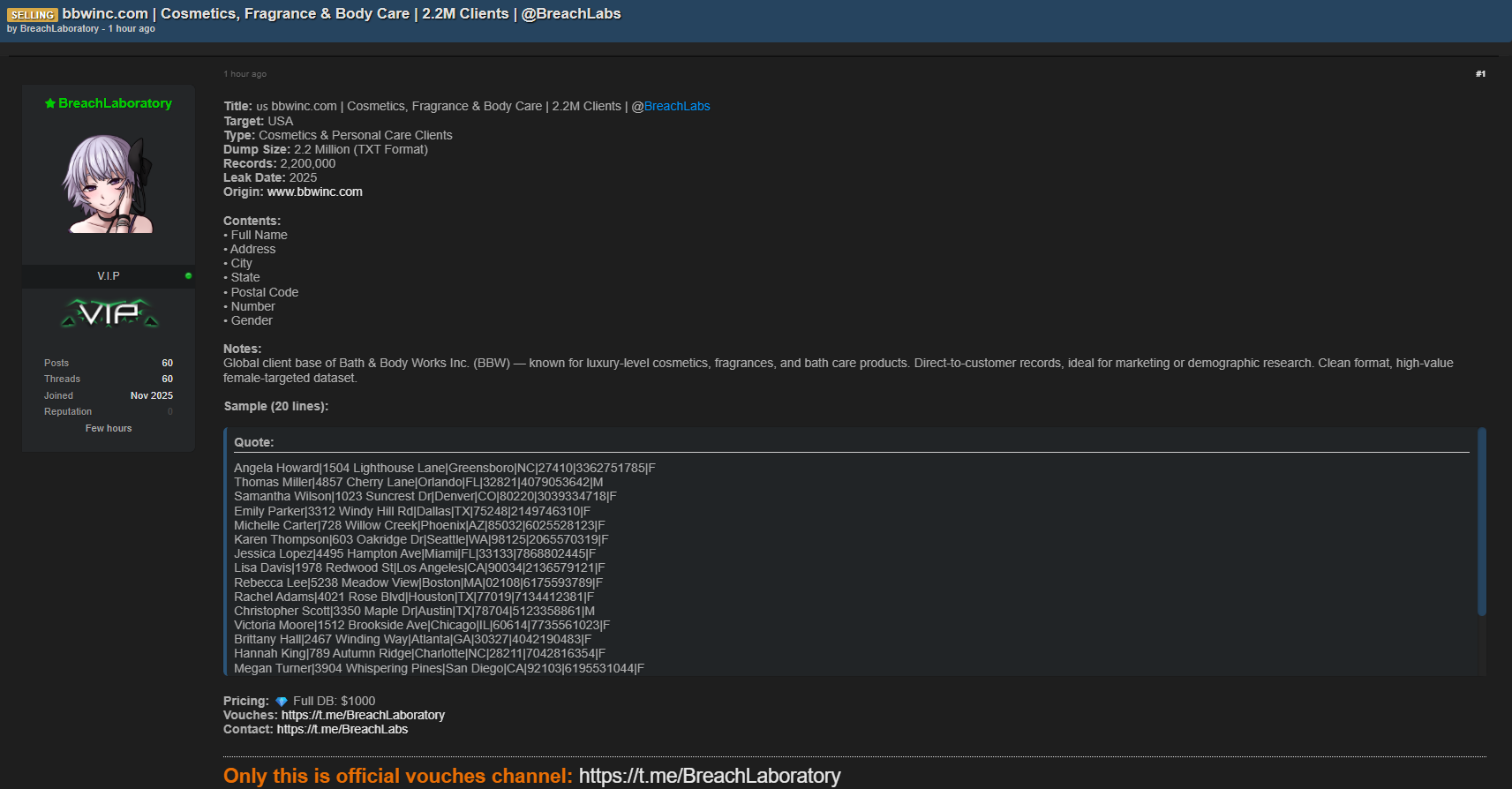 涉嫌出售Bath&Body Works数据-xLab 威胁情报