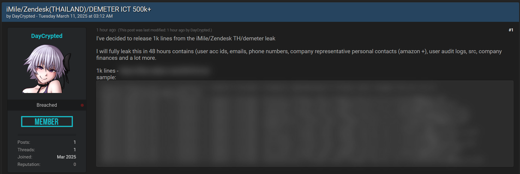iMile和Zendesk主要合作伙伴DEMETER ICT(Thailand)涉嫌数据泄漏-xLab 威胁情报