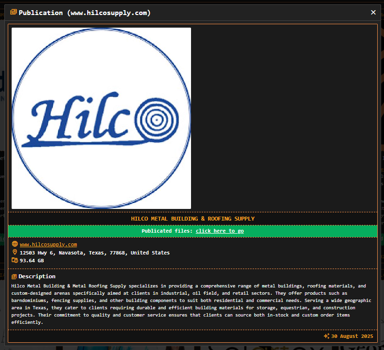 Hilco Metal Building&Metal Roofing Supply成为DragonForce勒索软件的受害者-xLab 威胁情报