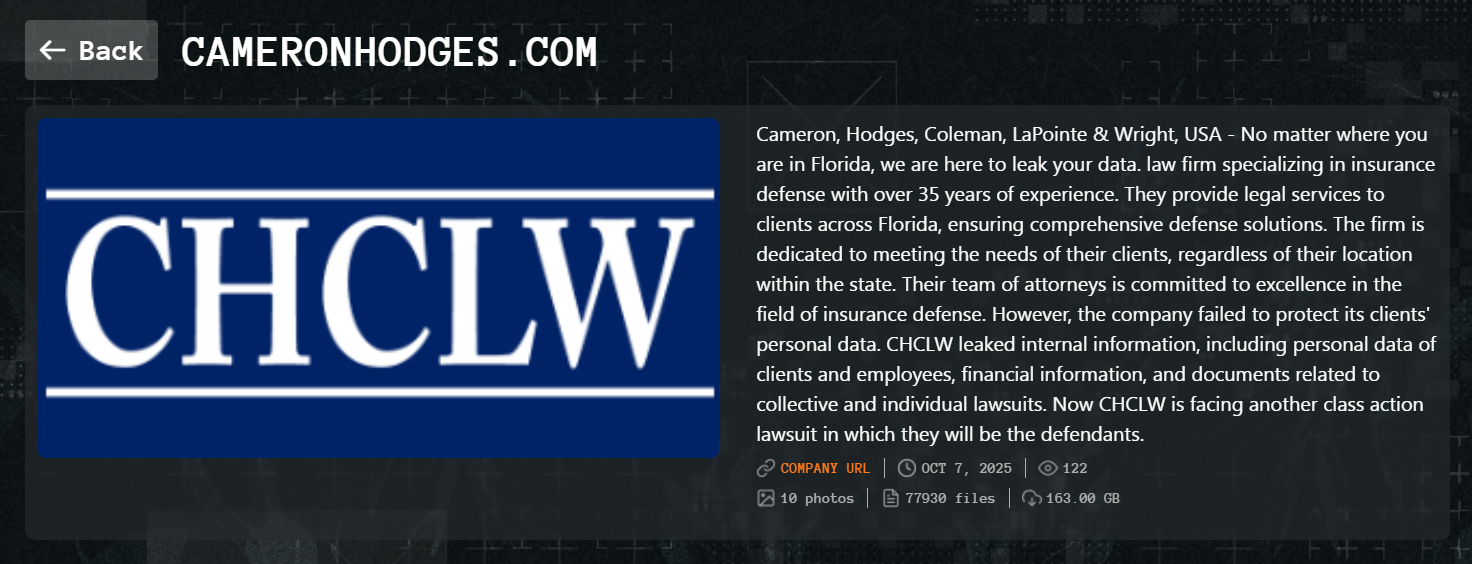 Cameron、Hodges、Coleman、LaPointe和Wright,P.A.成为Qilin勒索软件的受害者-xLab 威胁情报