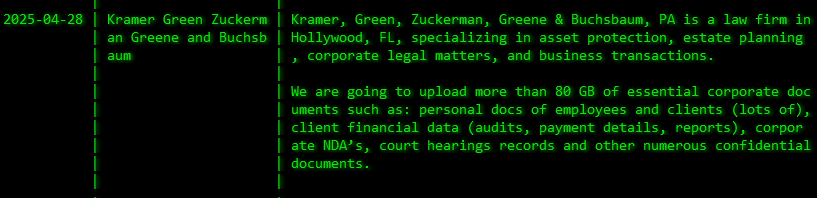 Kramer，Green，Zuckerman，Greene&Buchsbaum，P.A成为Akira勒索软件的受害者-xLab 威胁情报