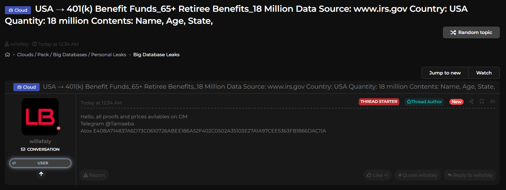美国国税局（IRS）涉嫌数据外泄-xLab 威胁情报