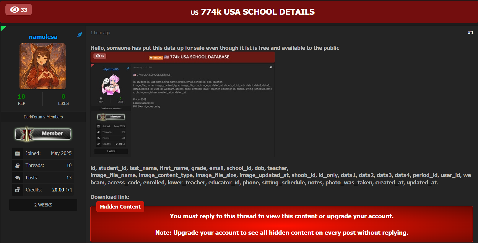 涉嫌出售美国一所身份不明学校的数据-xLab 威胁情报