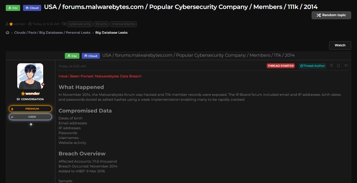 Malwarebytes论坛User记录涉嫌数据泄露-xLab 威胁情报