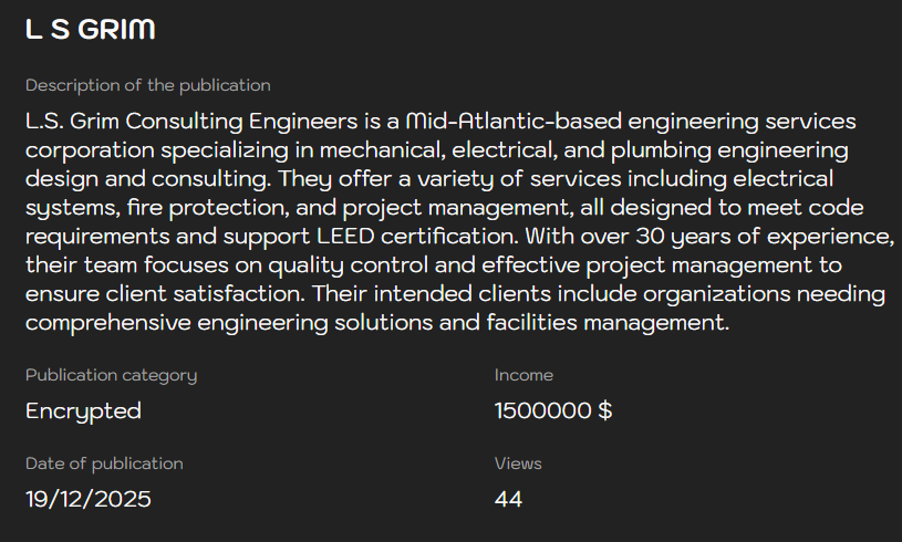 L.S.Grim Consulting Engineers，Inc.将victim归咎于Sinobi勒索软件-xLab 威胁情报