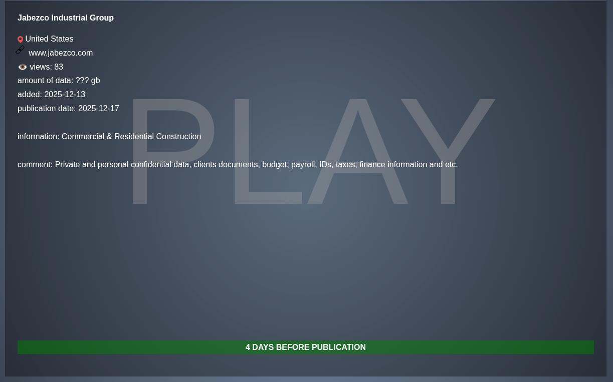INC.Jabezco Industrial Group成为PLAY勒索软件的受害者-xLab 威胁情报
