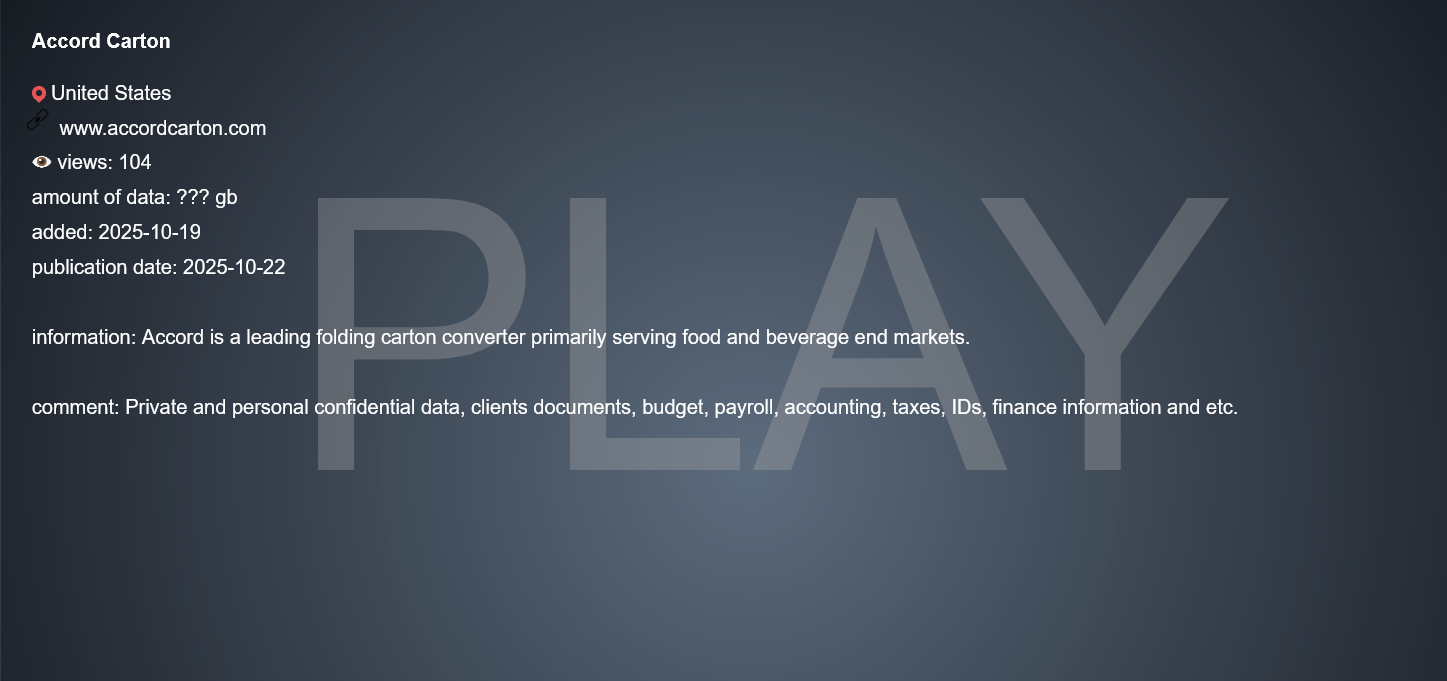 雅阁纸箱成为PLAY勒索软件的受害者-xLab 威胁情报