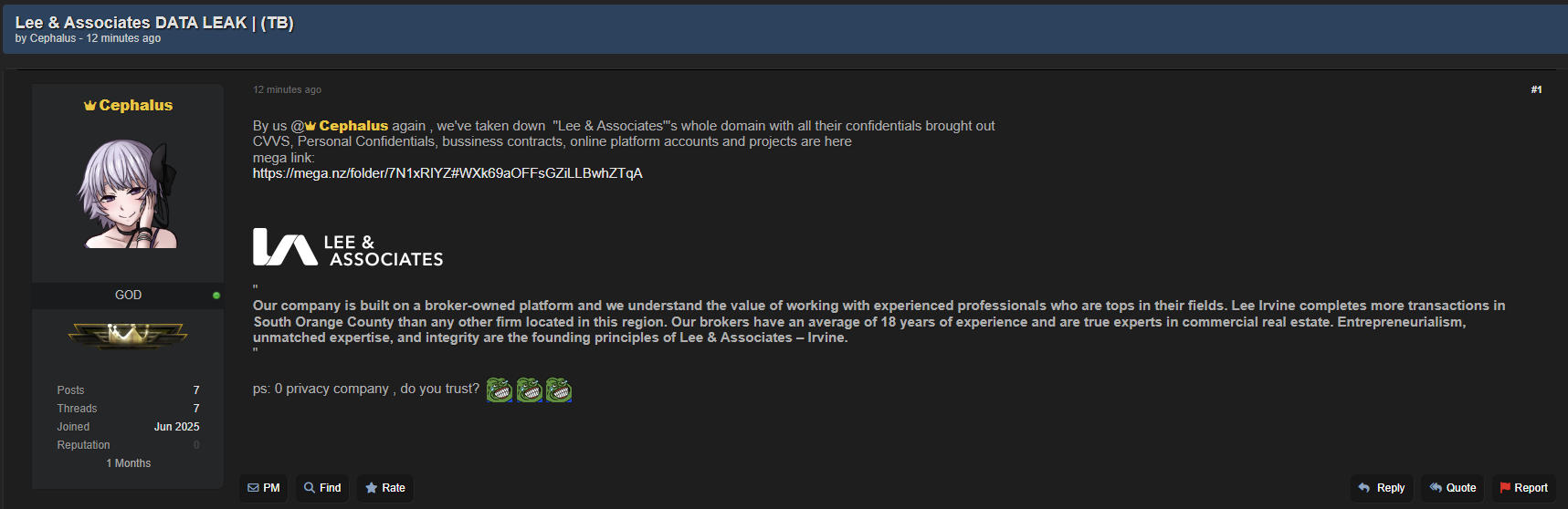Lee&Associates商业房地产服务公司涉嫌数据泄露-xLab 威胁情报