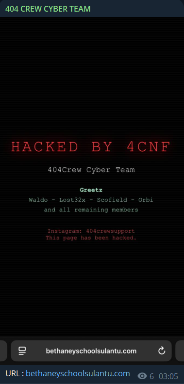 404 CREW CYBER TEAM瞄准伯大尼学校网站苏兰图-xLab 威胁情报