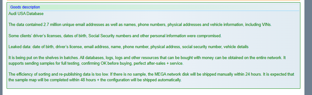 Audi美国公司涉嫌数据泄露-xLab 威胁情报