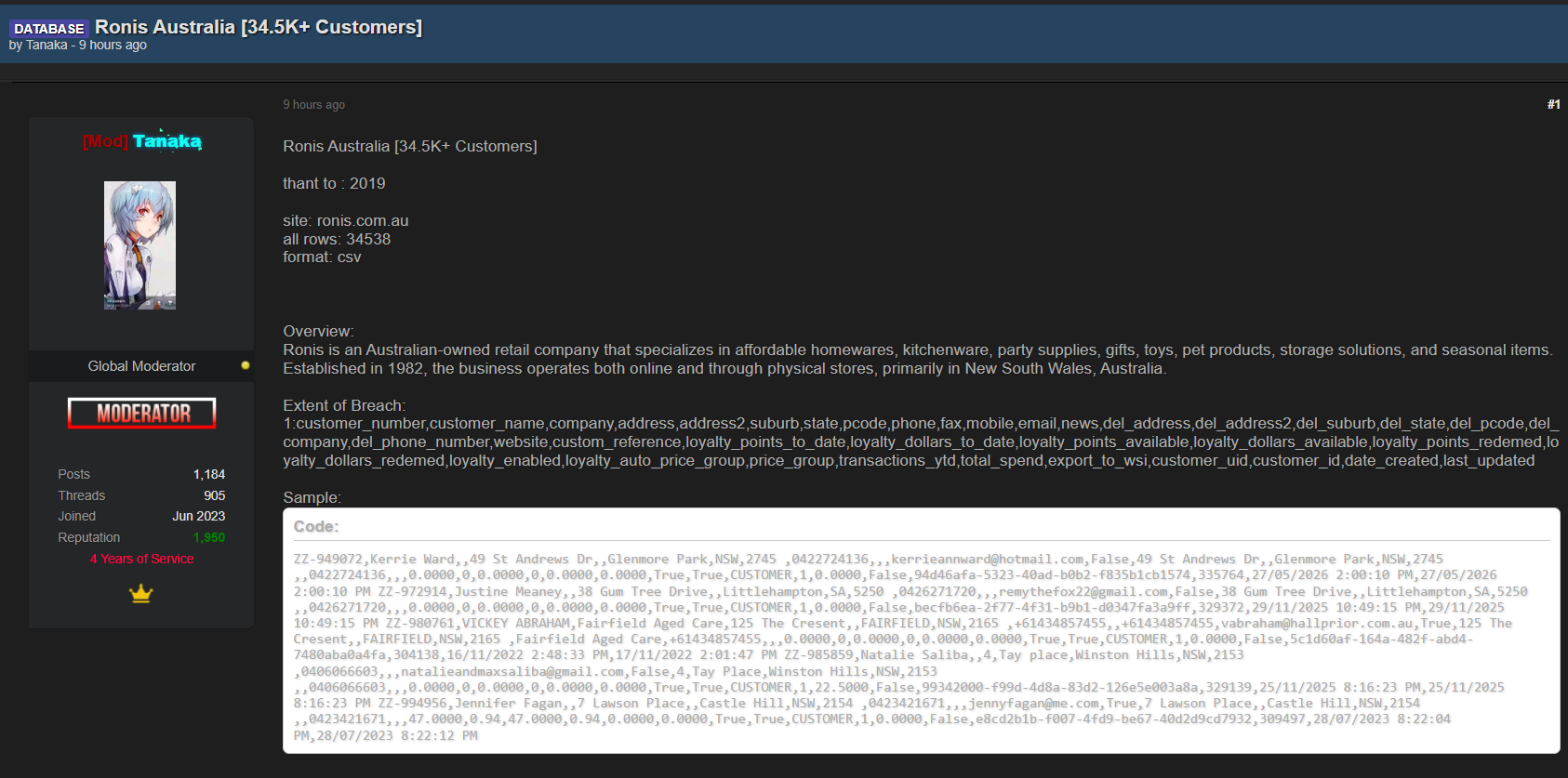 Alleged sale of Ronis Customer database-xLab 威胁情报