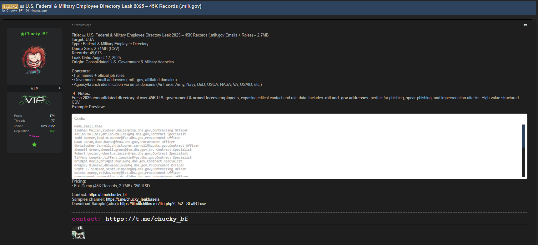 涉嫌出售美国federal和军事雇员记录的数据-xLab 威胁情报