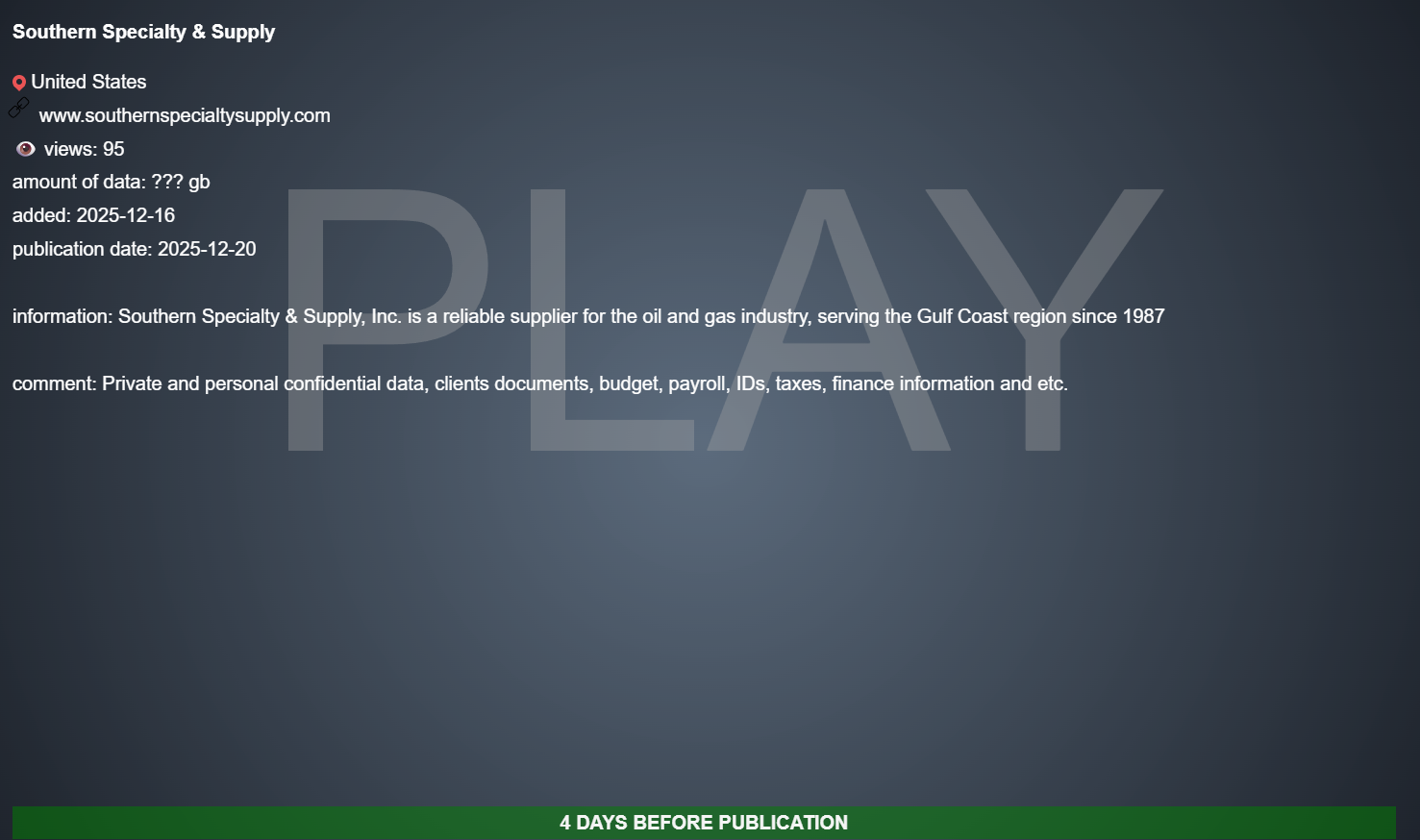 Southern Specialty&Supply将victim降至PLAY勒索软件-xLab 威胁情报