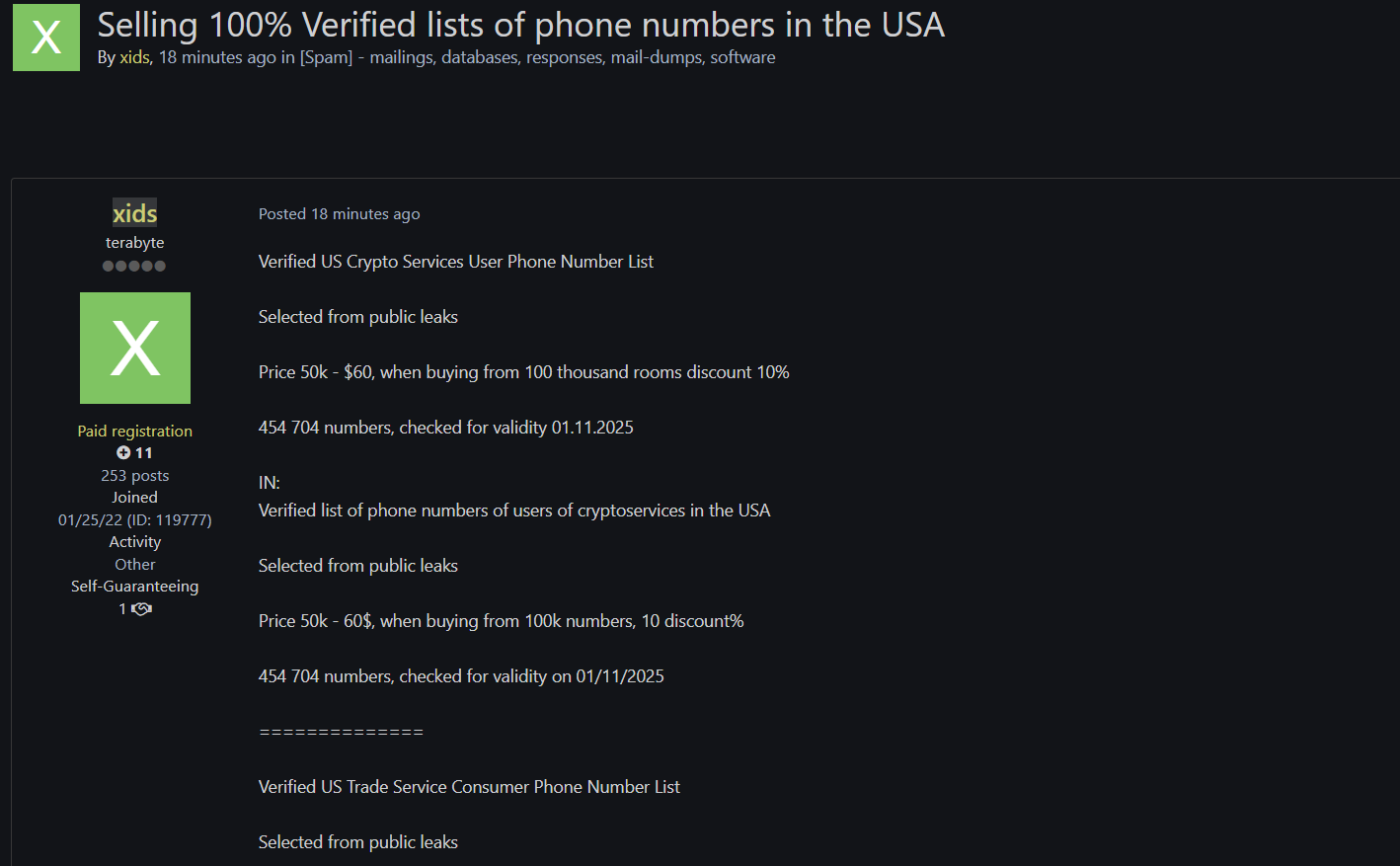涉嫌出售公开泄露的美国电话number名单-xLab 威胁情报