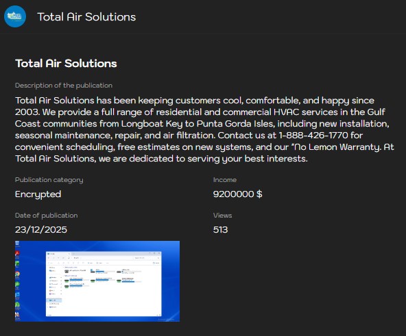Total Air Solutions,LLC将victim归咎于Sinobi勒索软件-xLab 威胁情报