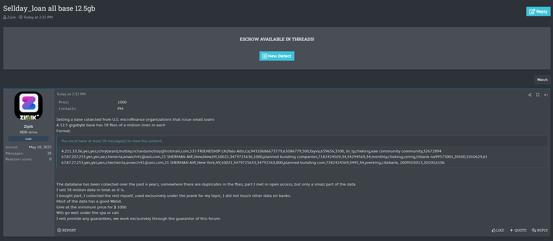 涉嫌出售身份不明的美国小额信贷组织的数据-xLab 威胁情报