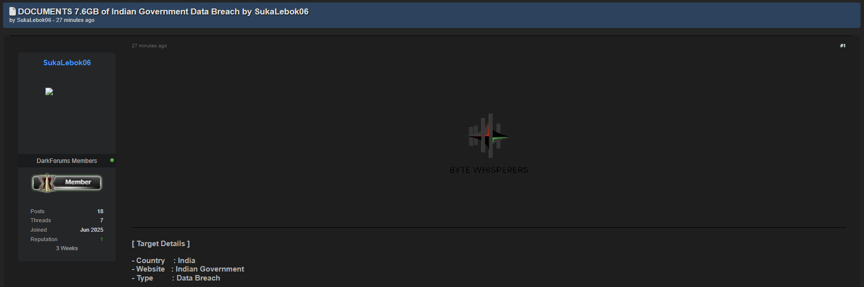 印度政府涉嫌数据泄露7.6 GB-xLab 威胁情报