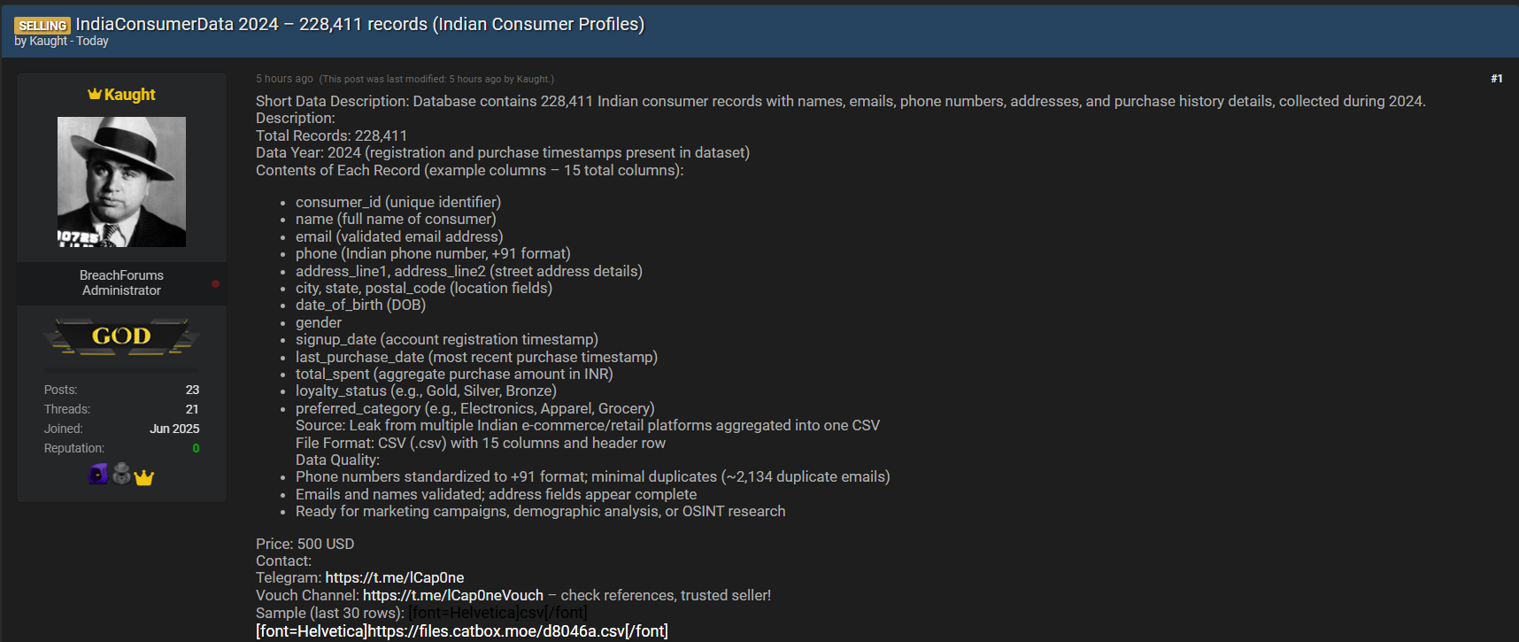 涉嫌出售印度消费者记录-xLab 威胁情报