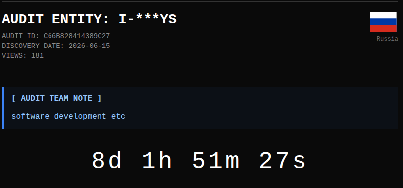 AUDIT TEAM Ransomware group has added an unidentified victim (I-***YS) from Russia-xLab 威胁情报