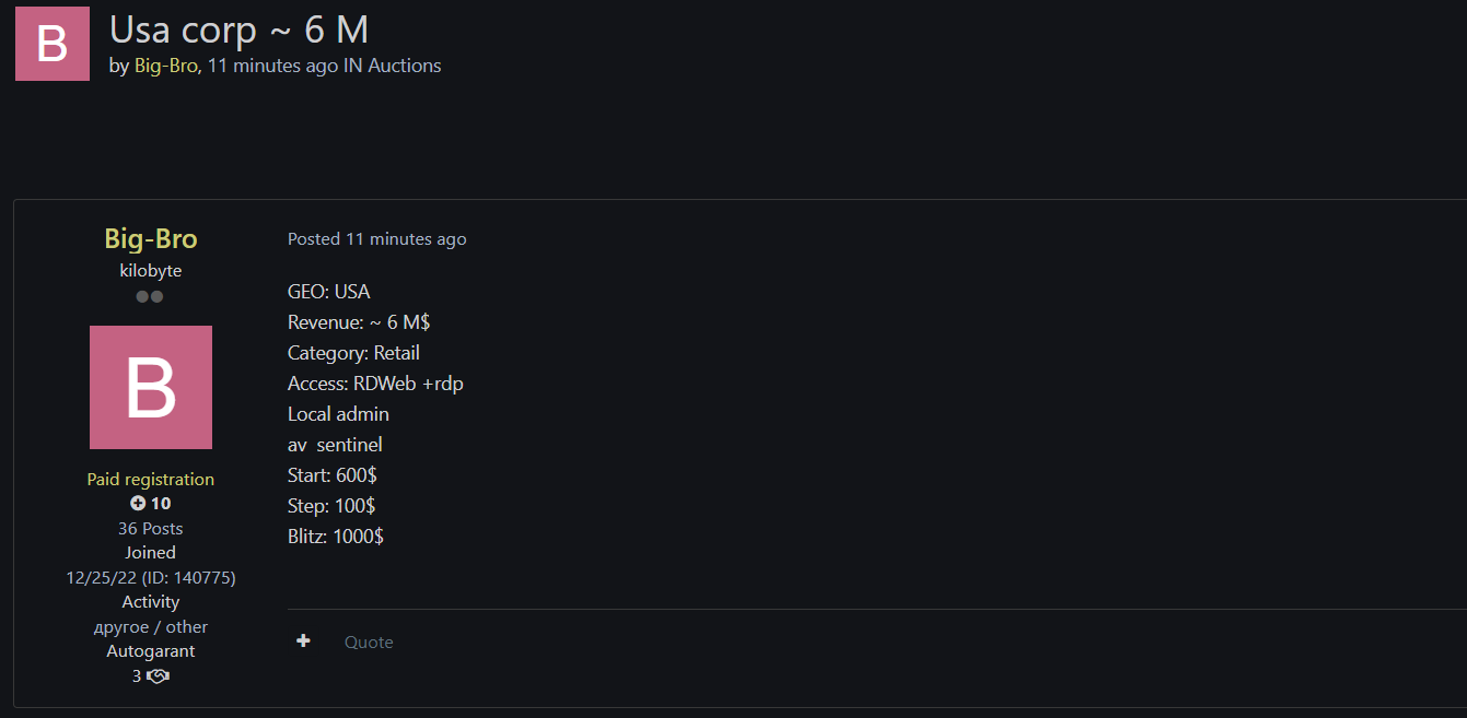 涉嫌向美国零售公司出售RDWeb/RDP访问权限-xLab 威胁情报
