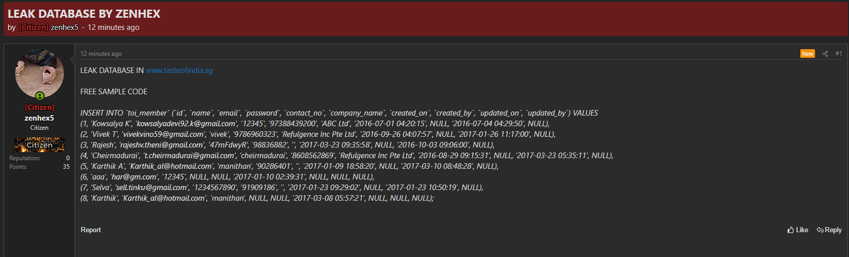 Alleged Leak of Data from Taste of India Singapore-xLab 威胁情报