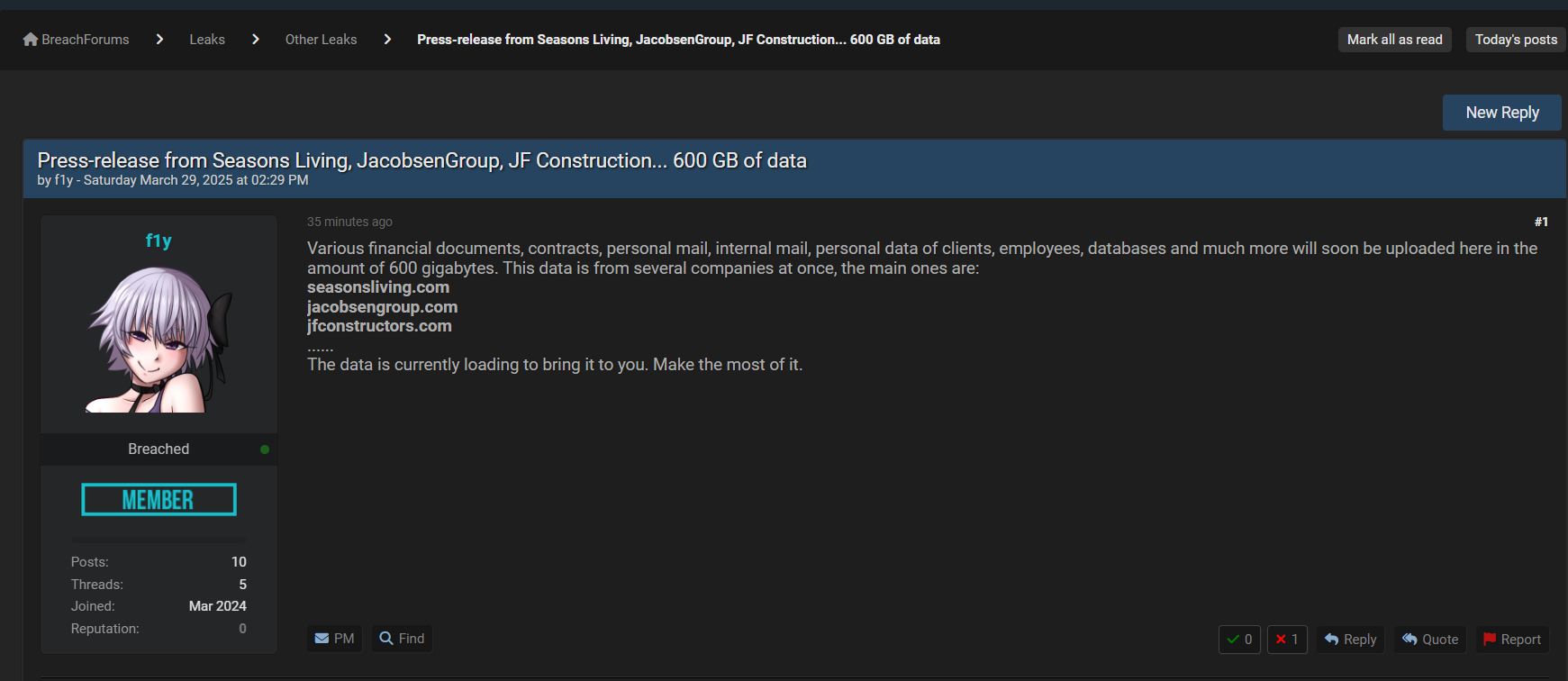 Seasons Living、JacobsenGroup和JF Construction涉嫌数据库泄露-xLab 威胁情报