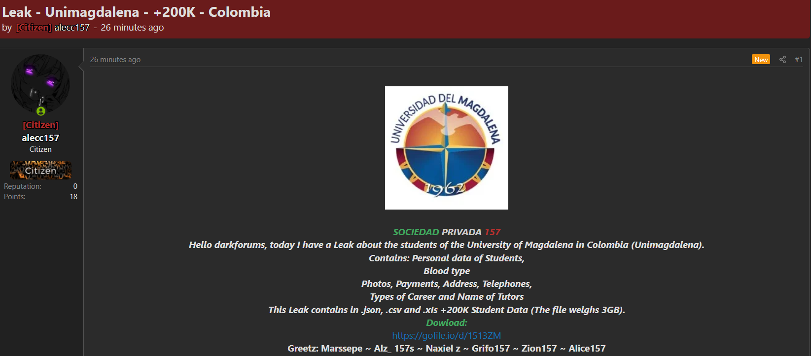 Alleged data breach of Magdalena University-xLab 威胁情报