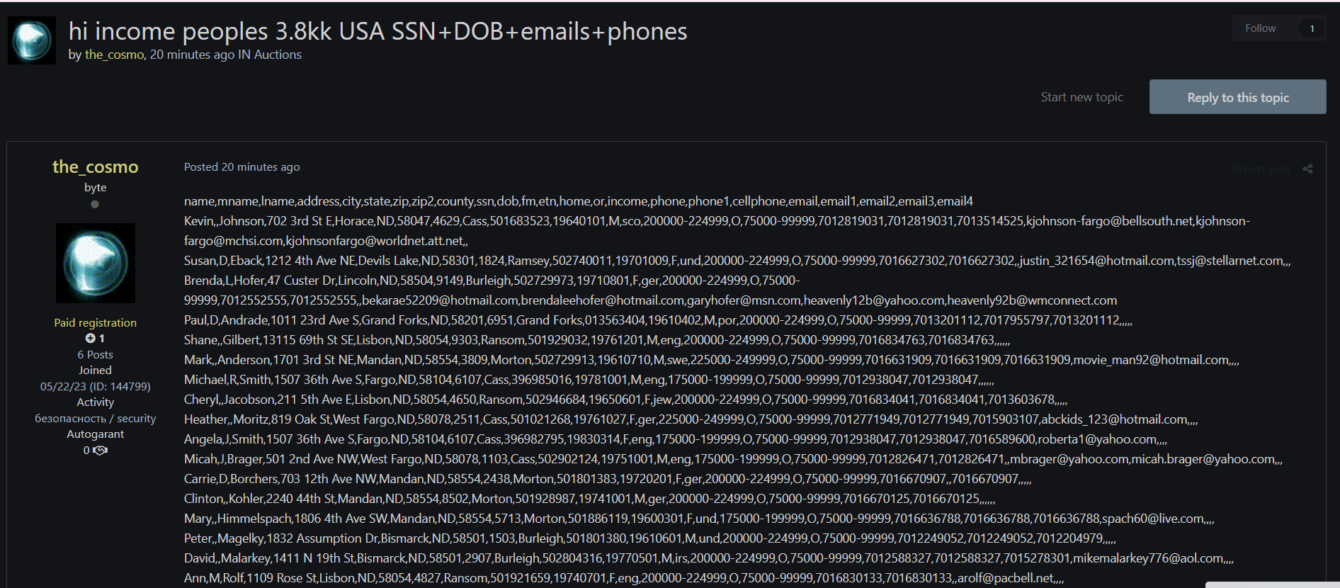 涉嫌出售美国SSN、DOB、电子邮件和电话数据-xLab 威胁情报