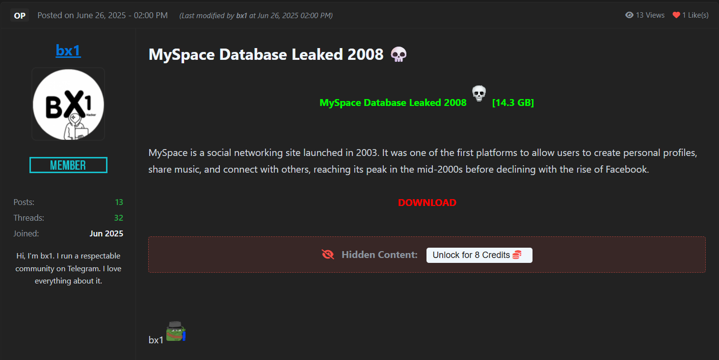 Myspace涉嫌数据泄露-xLab 威胁情报