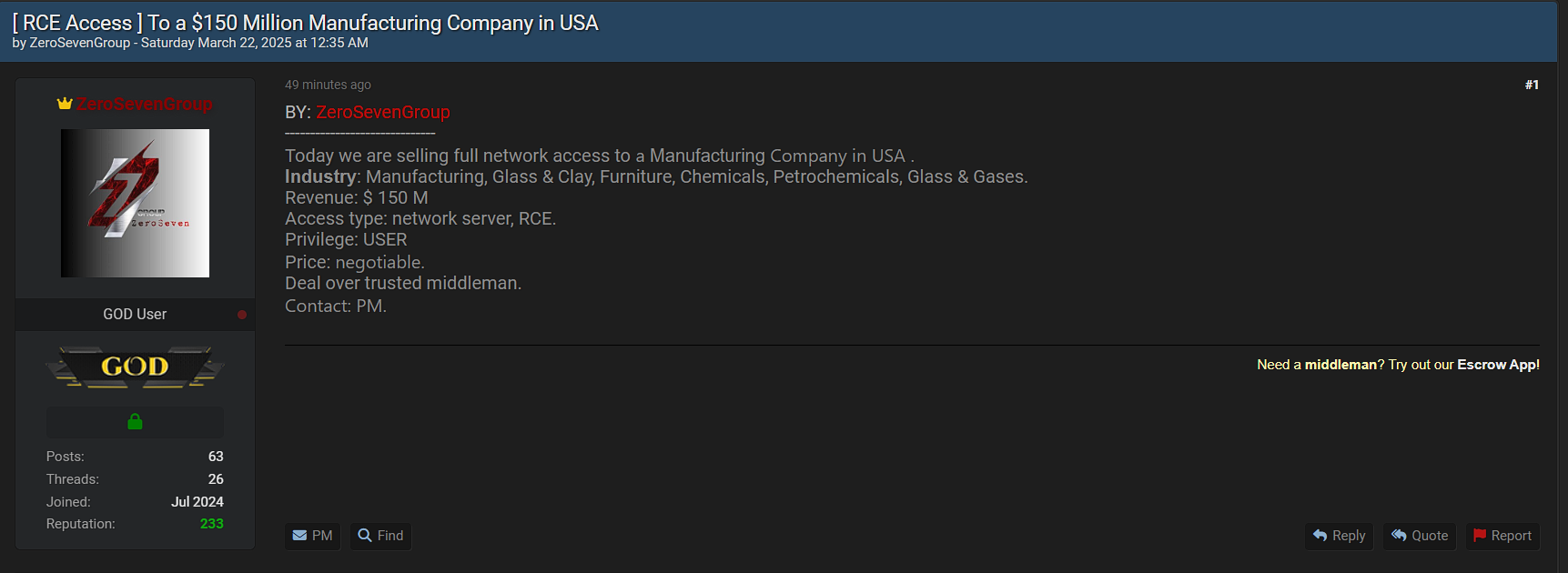 涉嫌向美国一家身份不明的制造公司出售访问权-xLab 威胁情报