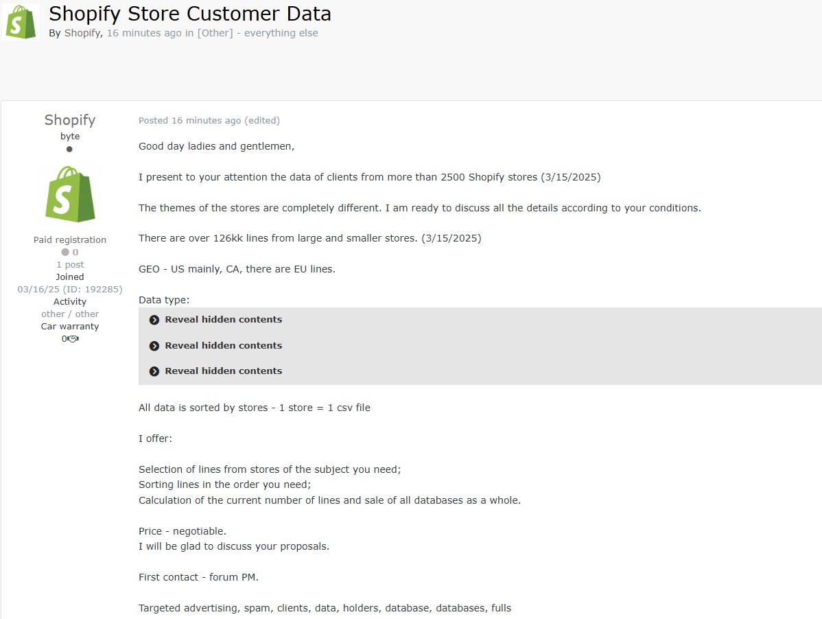 涉嫌出售Shopify数据库-xLab 威胁情报
