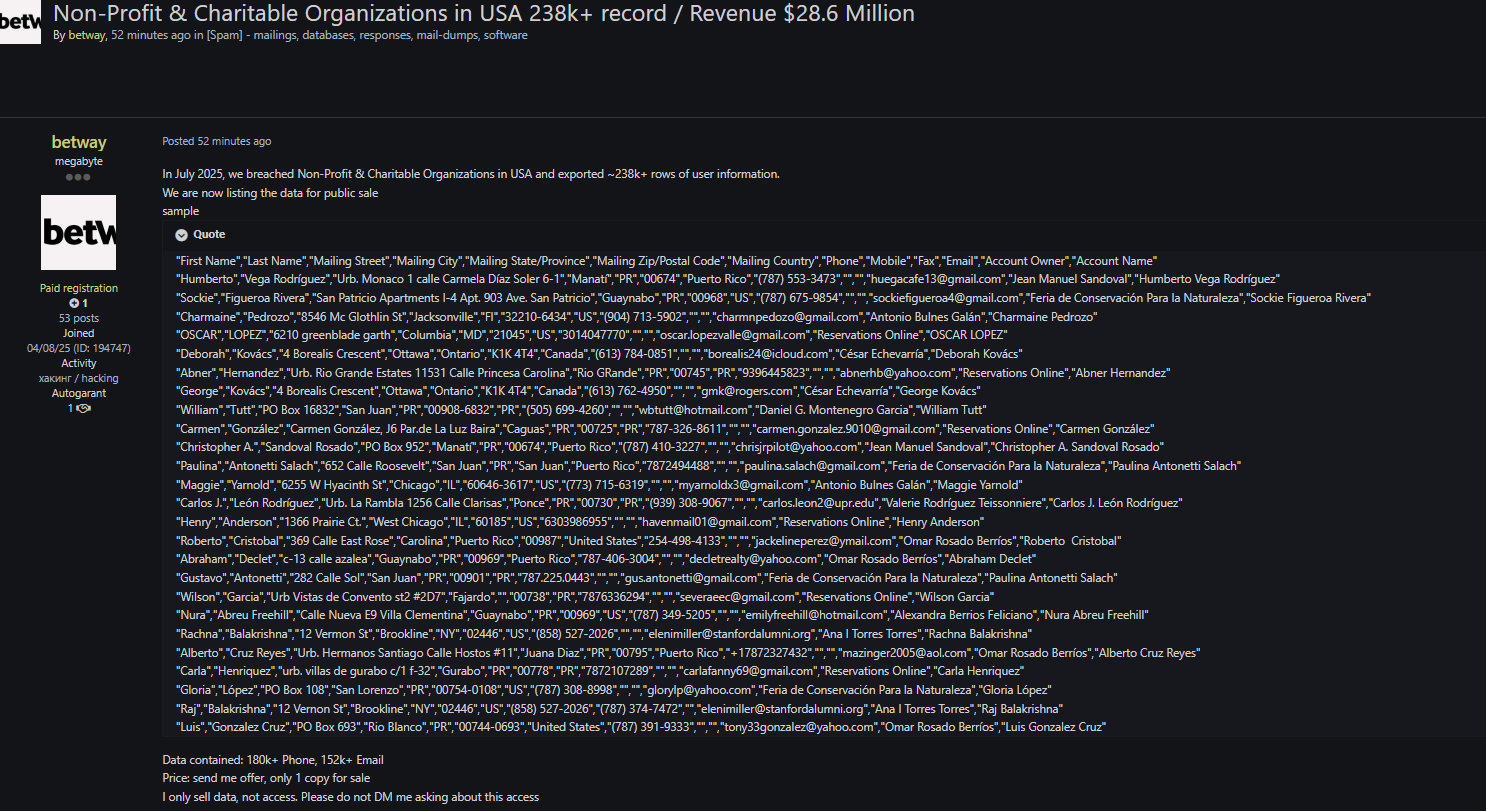 涉嫌出售美国一家身份不明的非营利和慈善组织的数据-xLab 威胁情报