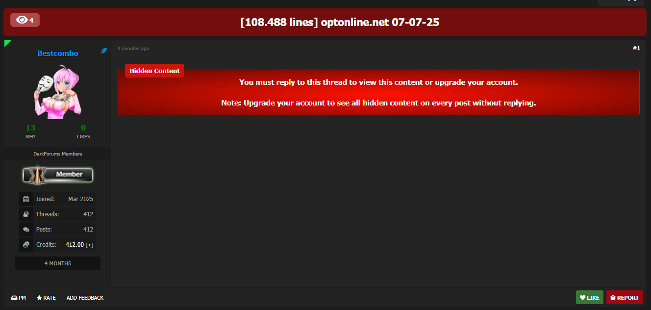 涉嫌出售108k Optimum Combolist-xLab 威胁情报