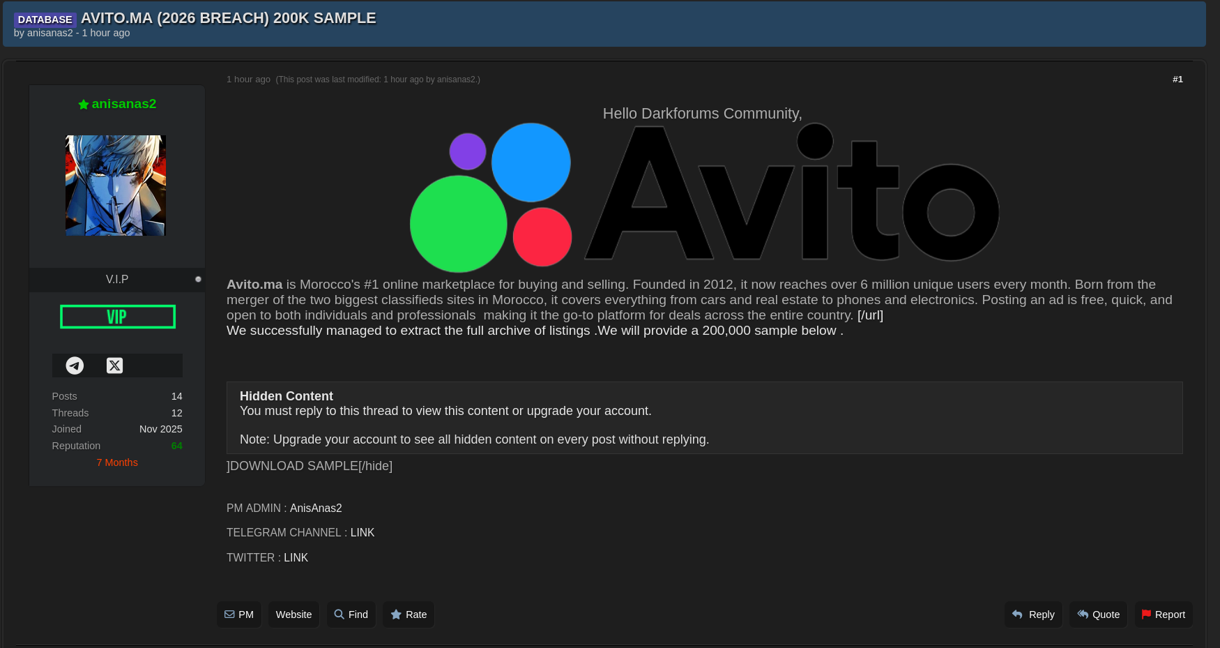 Alleged Data Breach of AVITO.MA-xLab 威胁情报