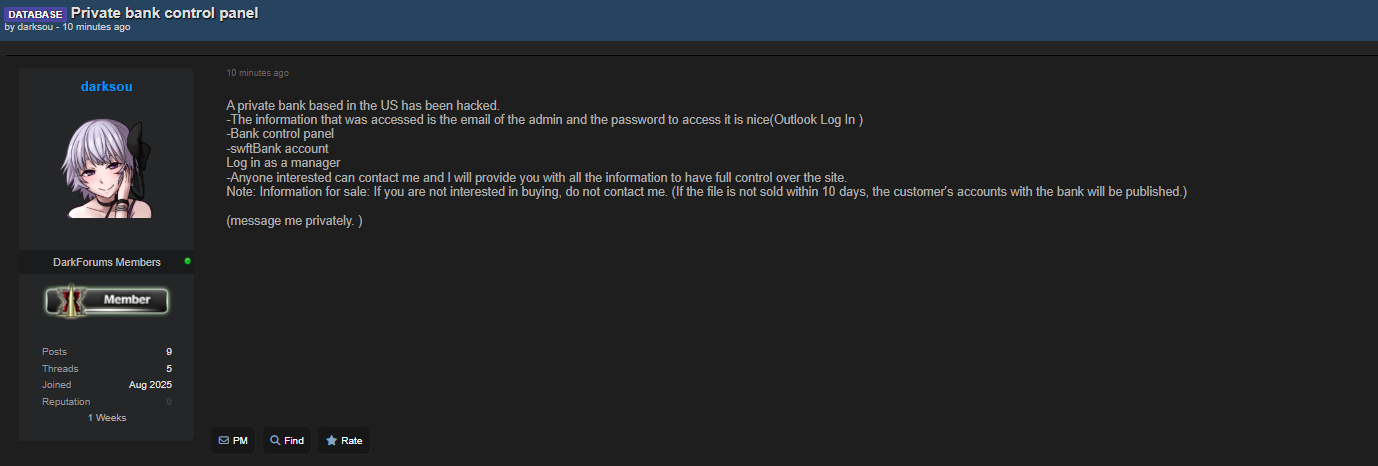 涉嫌向美国一家身份不明的银行出售未经授权的访问权限-xLab 威胁情报