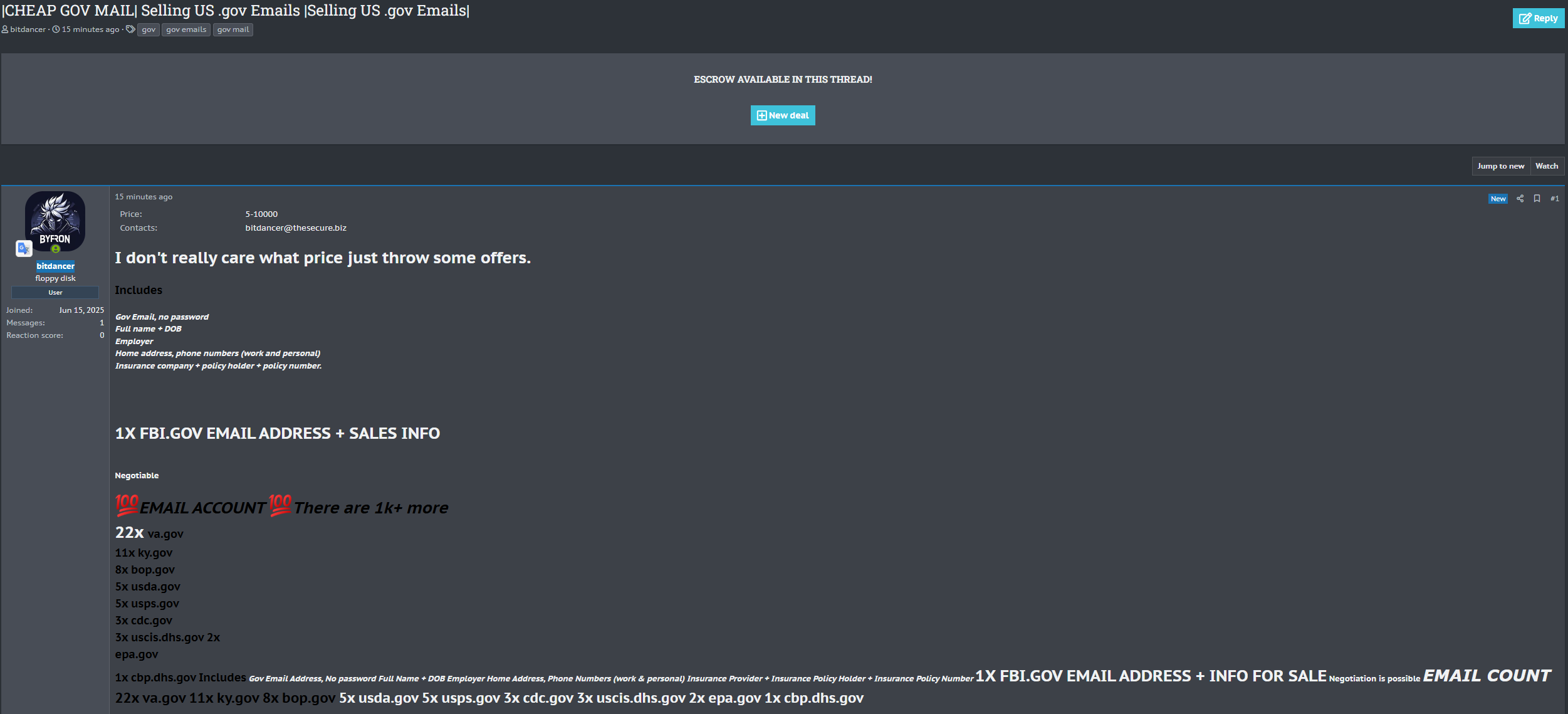 涉嫌出售美国政府电子邮件数据-xLab 威胁情报