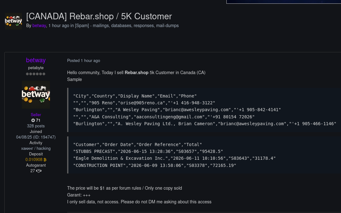 Alleged data sale of Rebar.Shop-xLab 威胁情报