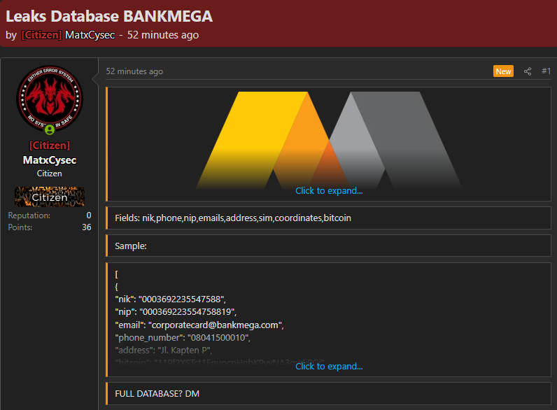 Alleged data breach of Bank Mega-xLab 威胁情报