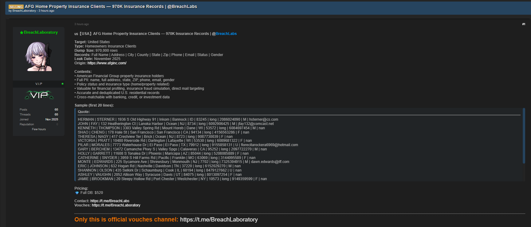 INC.American金融集团涉嫌数据出售-xLab 威胁情报