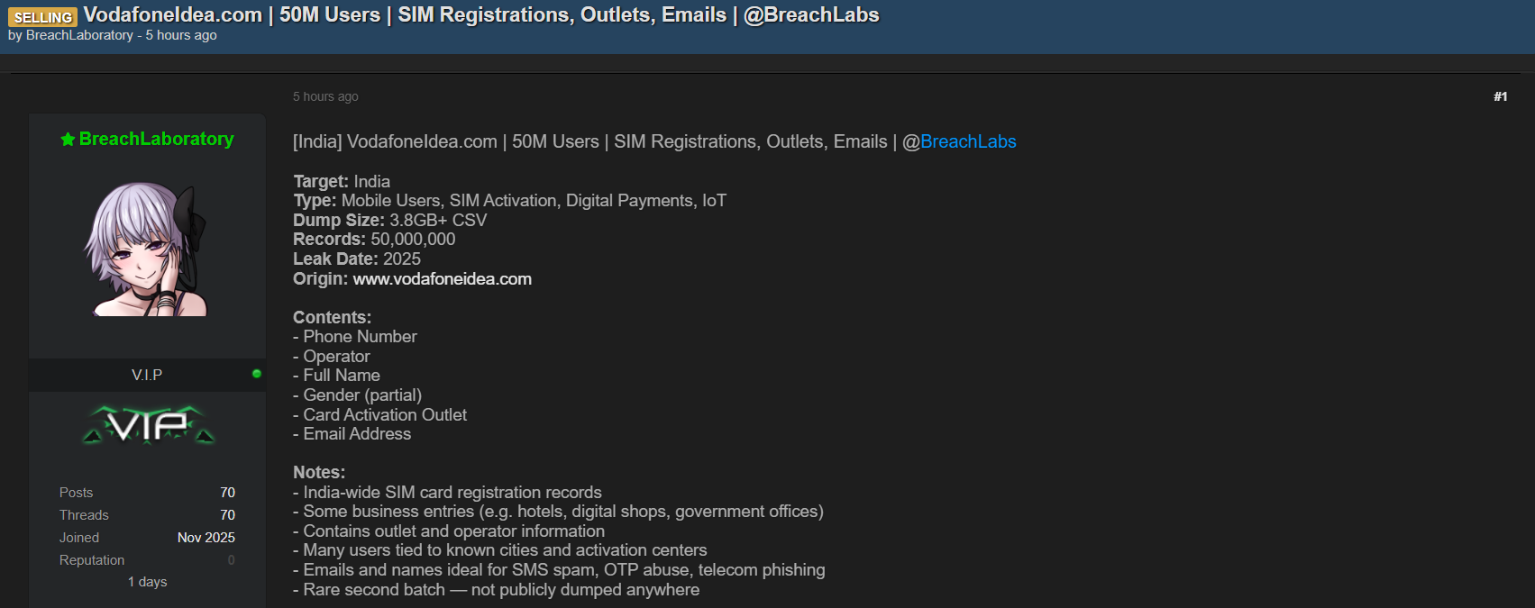 Vodafone Idea Limited涉嫌出售数据-xLab 威胁情报
